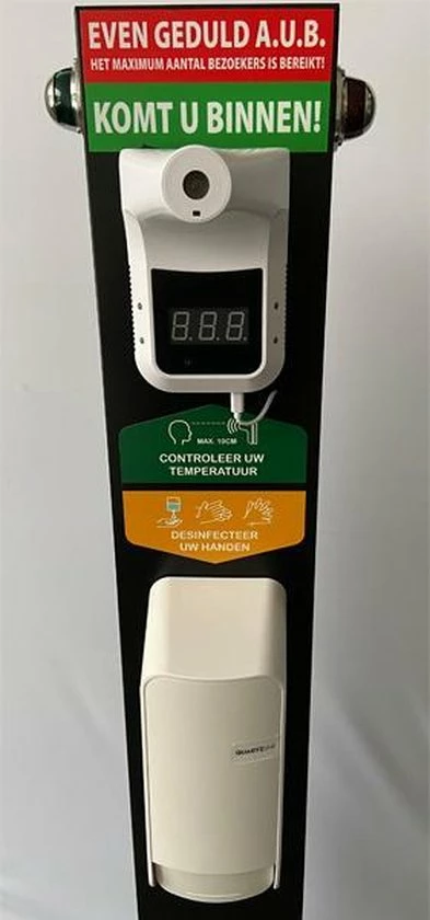 MR4TUNE Zuil Met Desinfectie Dispenser, Thermometer En Rode En Groene Verlichting 3 MR4TUNE Zuil Met Desinfectie Dispenser, Thermometer En Rode En Groene Verlichting