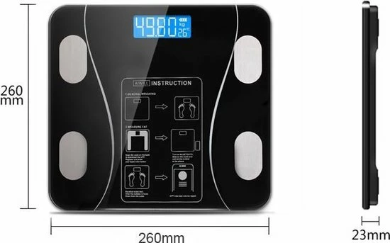 AIWILL Slimme Draadloze Weegschaal L App Verbinding L Lichaamsmeting L Sport/Dieet L 180 Kilo L Glas L Zwart 4 AIWILL Slimme Draadloze Weegschaal L App Verbinding L Lichaamsmeting L Sport/Dieet L 180 Kilo L Glas L Zwart - Afbeelding 2