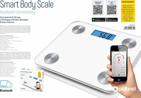 Platinet PBSBTW slimme Bluetooth personen weegschaal max. 180 Kg, incl. App wit Platinet PBSBTW Slimme Bluetooth Personen Weegschaal Max. 180 Kg, Incl. App Wit -Silvergear Shop 550x382 3