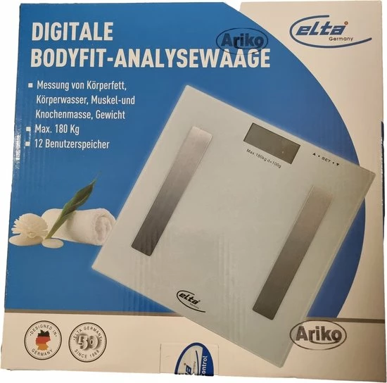 Ariko Elta Digitale Body - Fit Weegschaal - Personenweegschaal - Analyseweegschaal - Wit - Grijs - Afmetingen 28 X 28 X 2.5 Cm - Maximaal 180 KG - Inclusief 2 X AAA Batterijen 8 Ariko Elta Digitale Body - Fit Weegschaal - Personenweegschaal - Analyseweegschaal - Wit - Grijs - Afmetingen 28 X 28 X 2.5 Cm - Maximaal 180 KG - Inclusief 2 X AAA Batterijen - Afbeelding 6