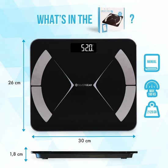 Silvergear Bluetooth Personenweegschaal - Met Zeer Volledige Lichaamsanalyse Met Vetpercentage ? Inclusief Analyse App ? Zwart 10 Silvergear Bluetooth Personenweegschaal - Met Zeer Volledige Lichaamsanalyse Met Vetpercentage ? Inclusief Analyse App ? Zwart - Afbeelding 8