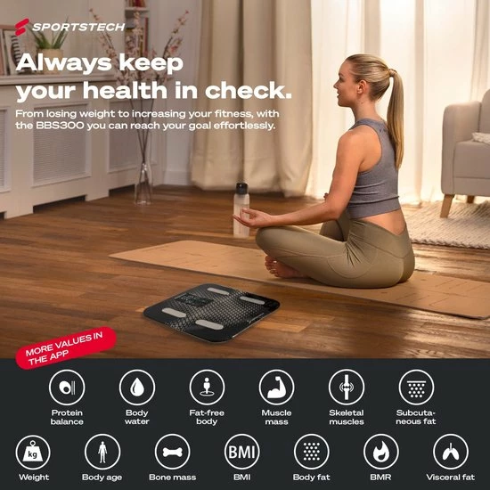 Sportstech Weegschaal - Groot Display - 30 Dagen Acculooptijd - BBS300 - Personenweegschaal - Zwart 7 Sportstech Weegschaal - Groot Display - 30 Dagen Acculooptijd - BBS300 - Personenweegschaal - Zwart - Afbeelding 5