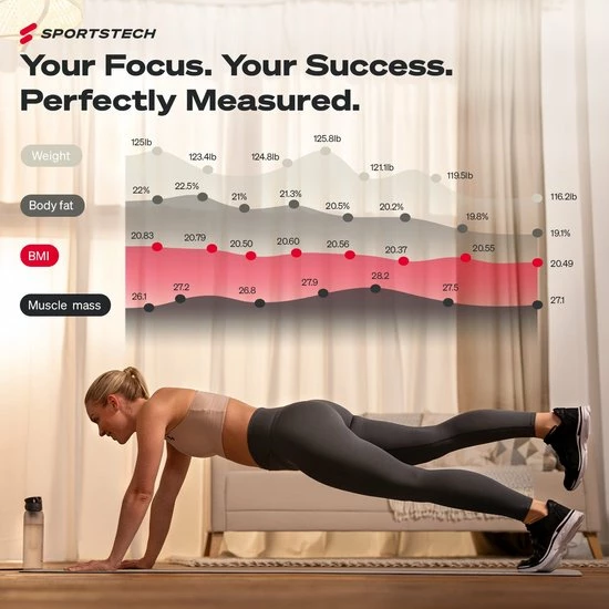 Sportstech Weegschaal - Groot Display - 30 Dagen Acculooptijd - BBS300 - Personenweegschaal - Zwart 8 Sportstech Weegschaal - Groot Display - 30 Dagen Acculooptijd - BBS300 - Personenweegschaal - Zwart - Afbeelding 6