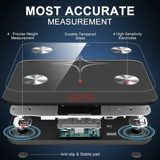 Kinsmart INSMART Digitale Personenweegschaal Met App, Bluetooth Weegschaal Voor Lichaamsvet, BMI, Gewicht, Pulsslag, Spiermassa, Water, Eiwitten, Skeletspieren, Botgewicht, BMR, Enz. 6 Kinsmart INSMART Digitale Personenweegschaal Met App, Bluetooth Weegschaal Voor Lichaamsvet, BMI, Gewicht, Pulsslag, Spiermassa, Water, Eiwitten, Skeletspieren, Botgewicht, BMR, Enz. - Afbeelding 4
