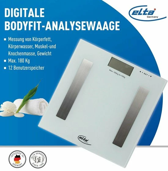 Elta Digitale Body - Fit Weegschaal - Personenweegschaal - Analyseweegschaal - Wit - Grijs - Afmetingen 28 X 28 X 2.5 Cm - Maximaal 180 KG 3 Elta Digitale Body - Fit Weegschaal - Personenweegschaal - Analyseweegschaal - Wit - Grijs - Afmetingen 28 X 28 X 2.5 Cm - Maximaal 180 KG