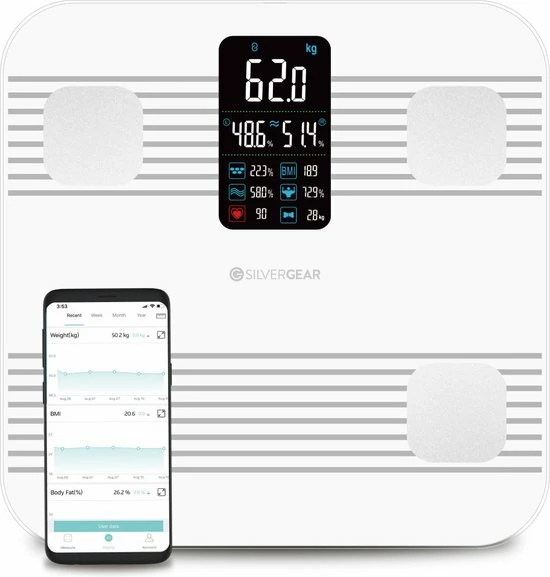 Silvergear Premium Slimme Weegschaal Met Hartslagmeter – 17x Lichaamsanalyse Metingen - Gratis App - Wit 2 Silvergear Premium Slimme Weegschaal Met Hartslagmeter – 17x Lichaamsanalyse Metingen - Gratis App - Wit