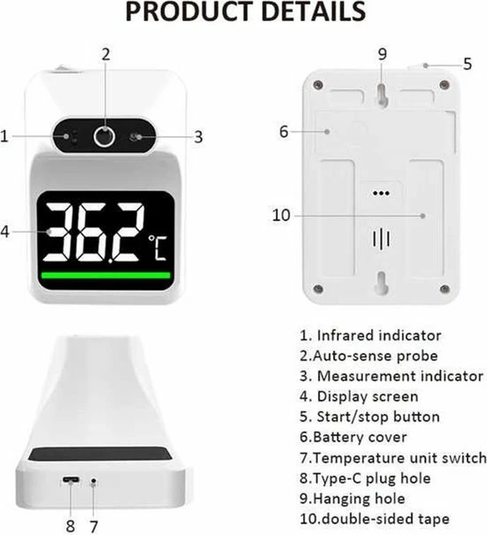 KVZ Care Contactloze Infrarood Thermometer - CE Gecertificeerd - Medische Voorhoofd Thermometer - LCD Display - Koortsmeter - Professionele Digitale Thermometer - Contactloos - Muur Thermometer - Ideaal Voor Thuis, Bedrijven, Kantoren En Restaurants! 4 KVZ Care Contactloze Infrarood Thermometer - CE Gecertificeerd - Medische Voorhoofd Thermometer - LCD Display - Koortsmeter - Professionele Digitale Thermometer - Contactloos - Muur Thermometer - Ideaal Voor Thuis, Bedrijven, Kantoren En Restaurants! - Afbeelding 2