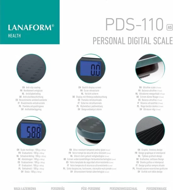 Lanaform PDS-110 - Elektronische Antislip Weegschaal - Vierkant Black 8 Lanaform PDS-110 - Elektronische Antislip Weegschaal - Vierkant Black - Afbeelding 6