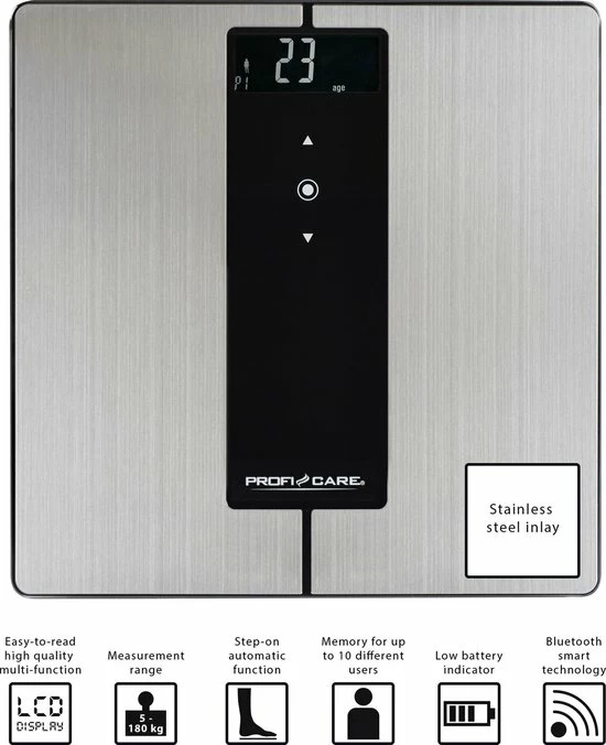 ProfiCare Profi-Care PC-PW 3008 BT Analyse Weegschaal Weegbereik (max.): 180 Kg RVS, Zwart Met Bluetooth 8 ProfiCare Profi-Care PC-PW 3008 BT Analyse Weegschaal Weegbereik (max.): 180 Kg RVS, Zwart Met Bluetooth - Afbeelding 6